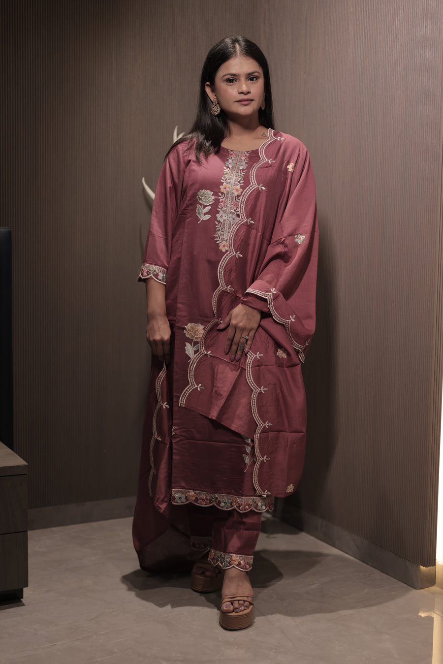 Zahra Wine Embroidered Kurta Set with Dupatta