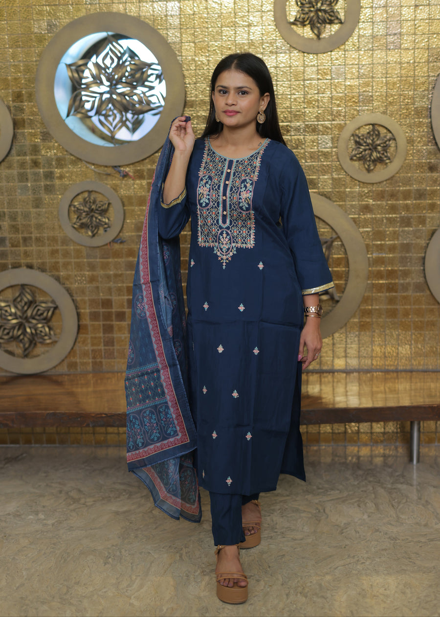 Diya Blue Yoke Design Kurta Set With Dupatta