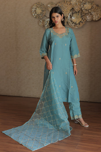 Aurelia Teal Embroidered Kurta Set With Dupatta