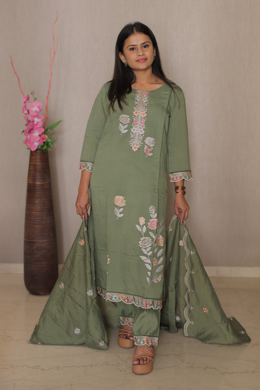 Zahra Olive Embroidered Kurta Set With Dupatta