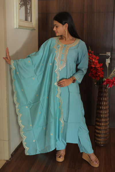 Alia Blue Yoke Design Kurta Set With Dupatta