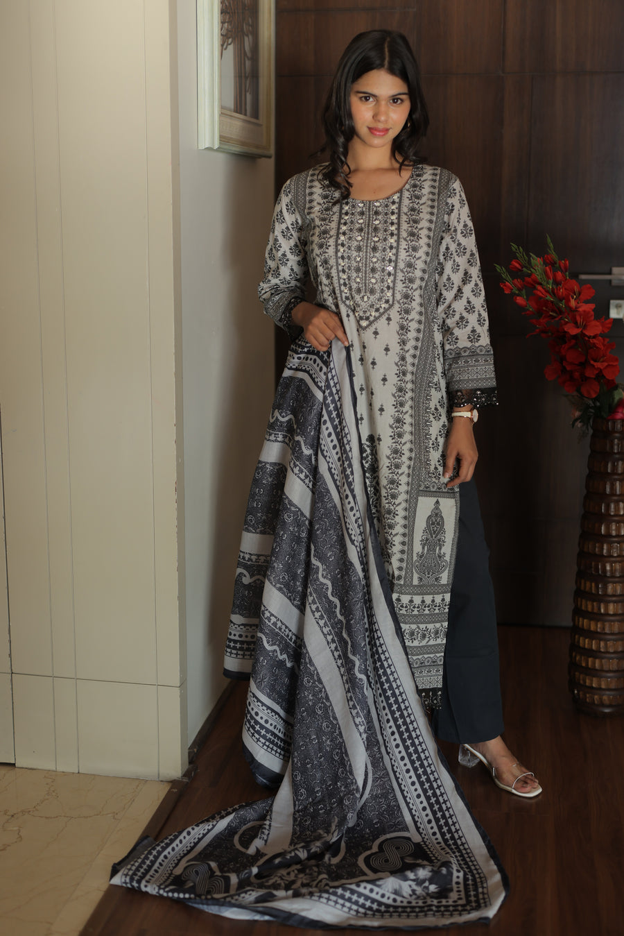 Reha Black Embellished Kurta Set with Dupatta