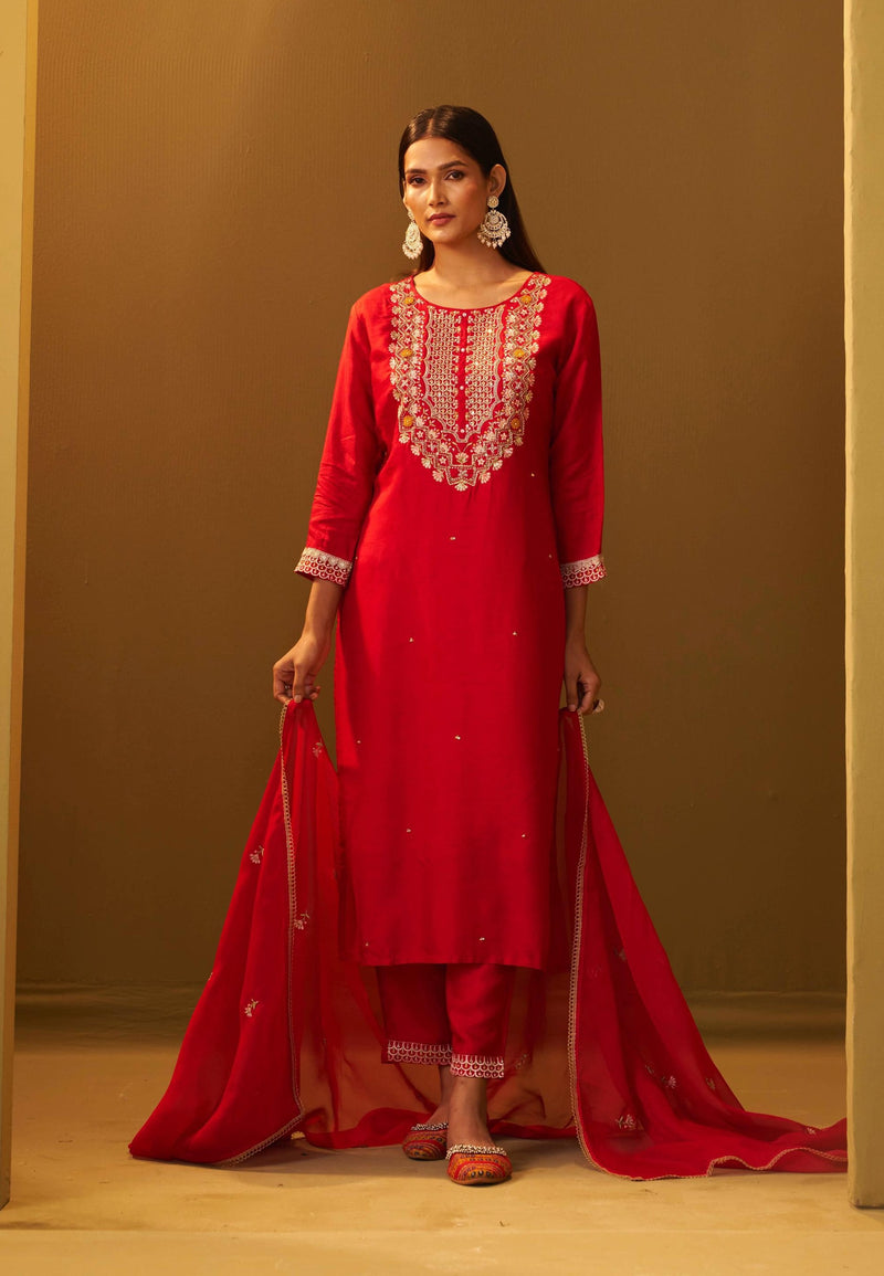 Meher Red Embroidered Kurta Set with Dupatta