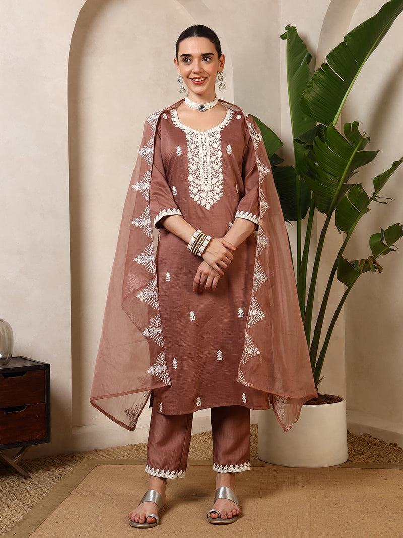 Iqra Rust Floral Yoke Kurta Set with Dupatta