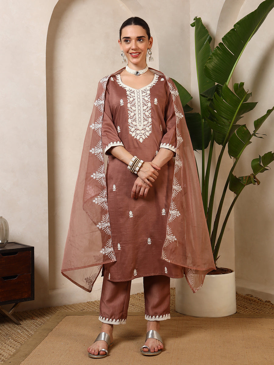 Iqra Rust Floral Yoke Kurta Set with Dupatta