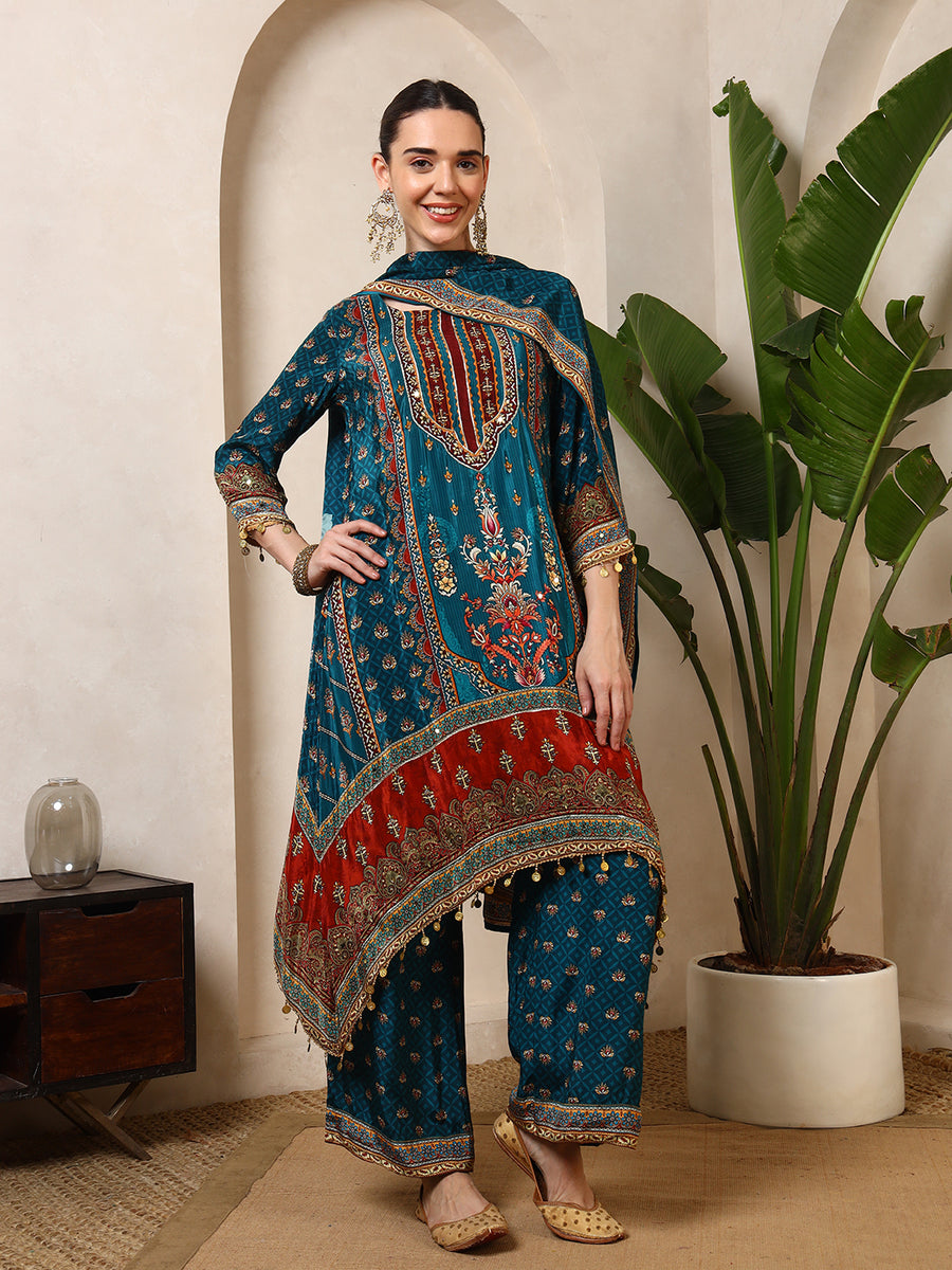 Serene Teal Crepe Kurta Set With Dupatta