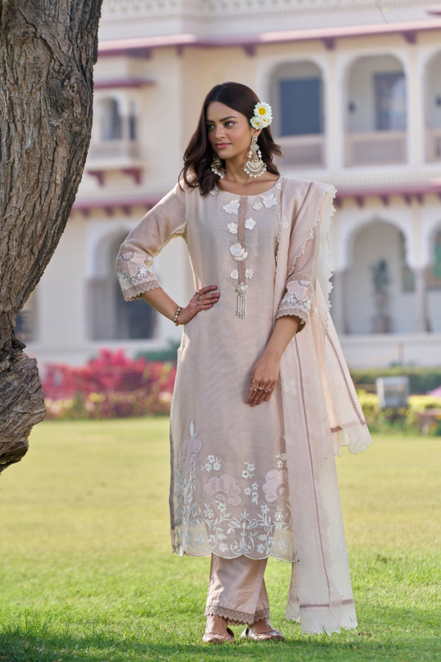 Aysha Beige Multi Work Kurta Set With Dupatta