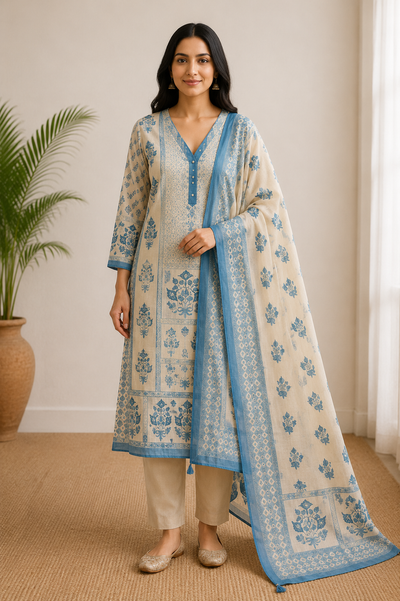 Mahira Sky Blue Cotton Kurta Set With Dupatta
