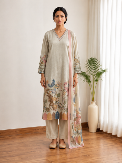 Mysha Grey Mul Chanderi Kurta Set with Dupatta