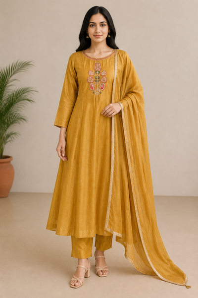 Mahika Mustard Mul Chanderi Kurta Set with Dupatta