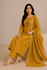 Mahika Mustard Mul Chanderi Kurta Set with Dupatta