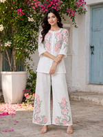 Farah White Cotton Embroidered Co-ord Set