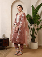 Iqra Rust Floral Yoke Kurta Set with Dupatta