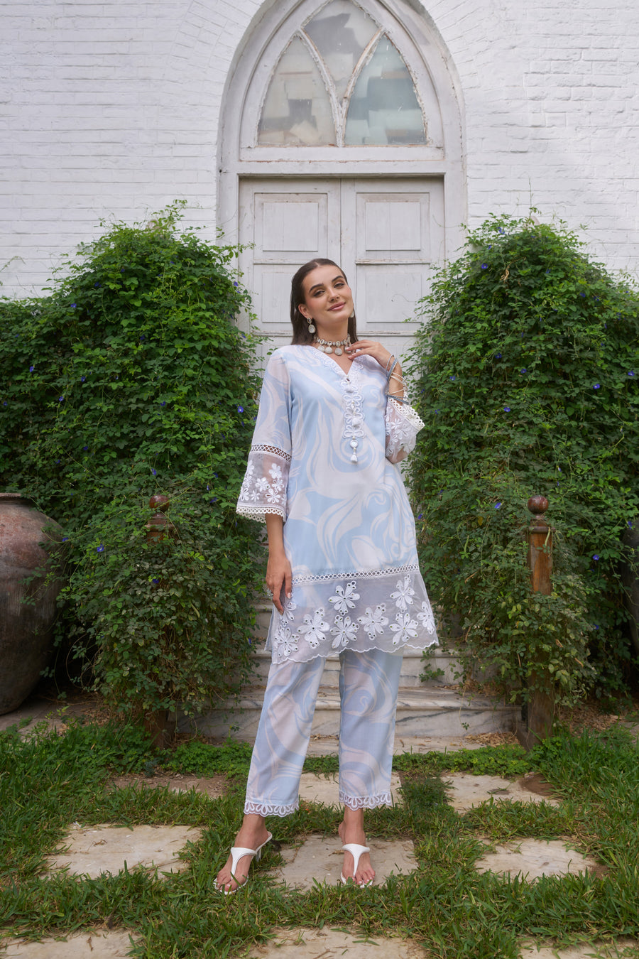 Kiara Powder Blue Schiffli Co-ord Set