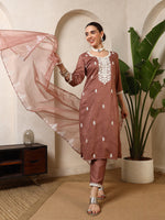 Iqra Rust Floral Yoke Kurta Set with Dupatta