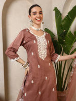 Iqra Rust Floral Yoke Kurta Set with Dupatta