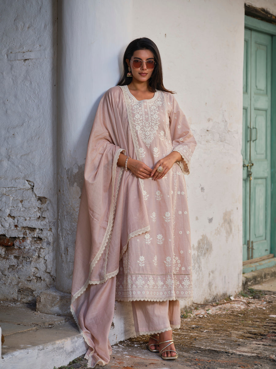 Saira Pink Lucknowi Embroidered Kurta Set With Dupatta