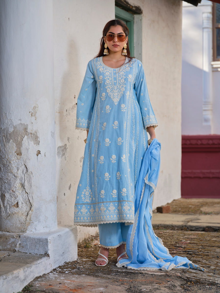 Saira Powder Blue Lucknowi Embroidered Kurta Set with Dupatta