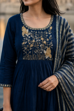 Zoya Midnight Blue Embroidered Kurta Set With Dupatta