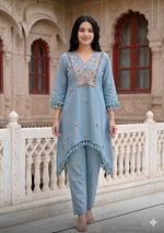Anika Steel Blue Embellished Cotton Khadi Co-ord Set