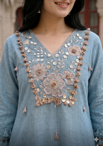 Anika Steel Blue Embellished Cotton Khadi Co-ord Set