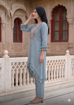 Anika Steel Blue Embellished Cotton Khadi Co-ord Set