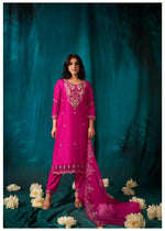 Pink Flower Embroidered Silk Blend Kurta Set with Dupatta