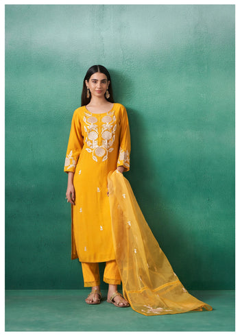 Sunflower Yellow Silk Blend Kurta Set with Dupatta