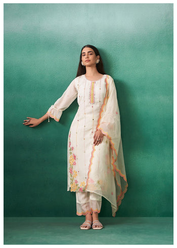 White Mirror Embroidered Silk Blend Kurta Set with Dupatta