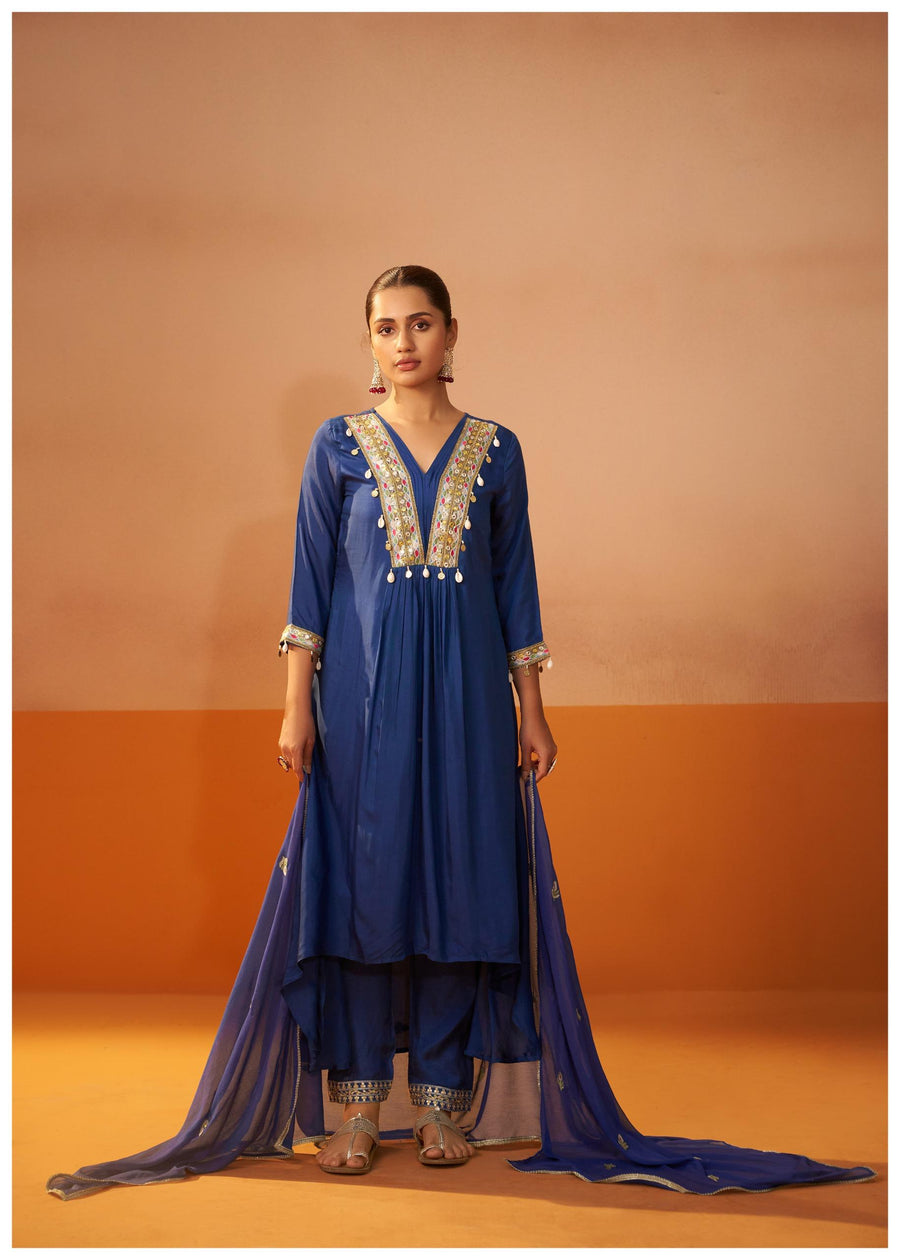 Blue Mirror Embroidered Silk Blend Kurta Set with Dupatta