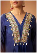Blue Mirror Embroidered Silk Blend Kurta Set with Dupatta