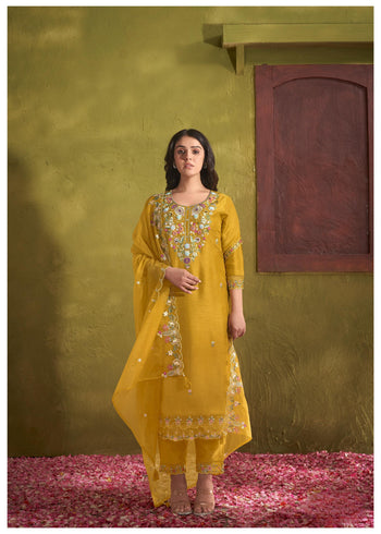 Daffodils Yellow Embroidered Silk Blend Kurta Set with Dupatta