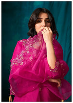 Pink Flower Embroidered Silk Blend Kurta Set with Dupatta