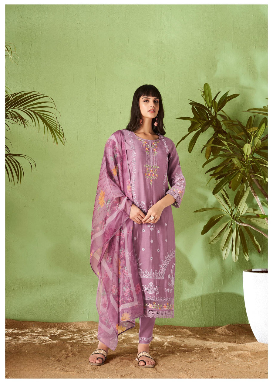 Purple Floral Work Kurta Set With Duppata