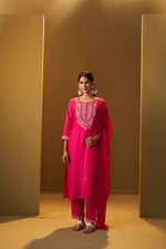 Pink Embroidered Silk Blend Kurta Set with Dupatta