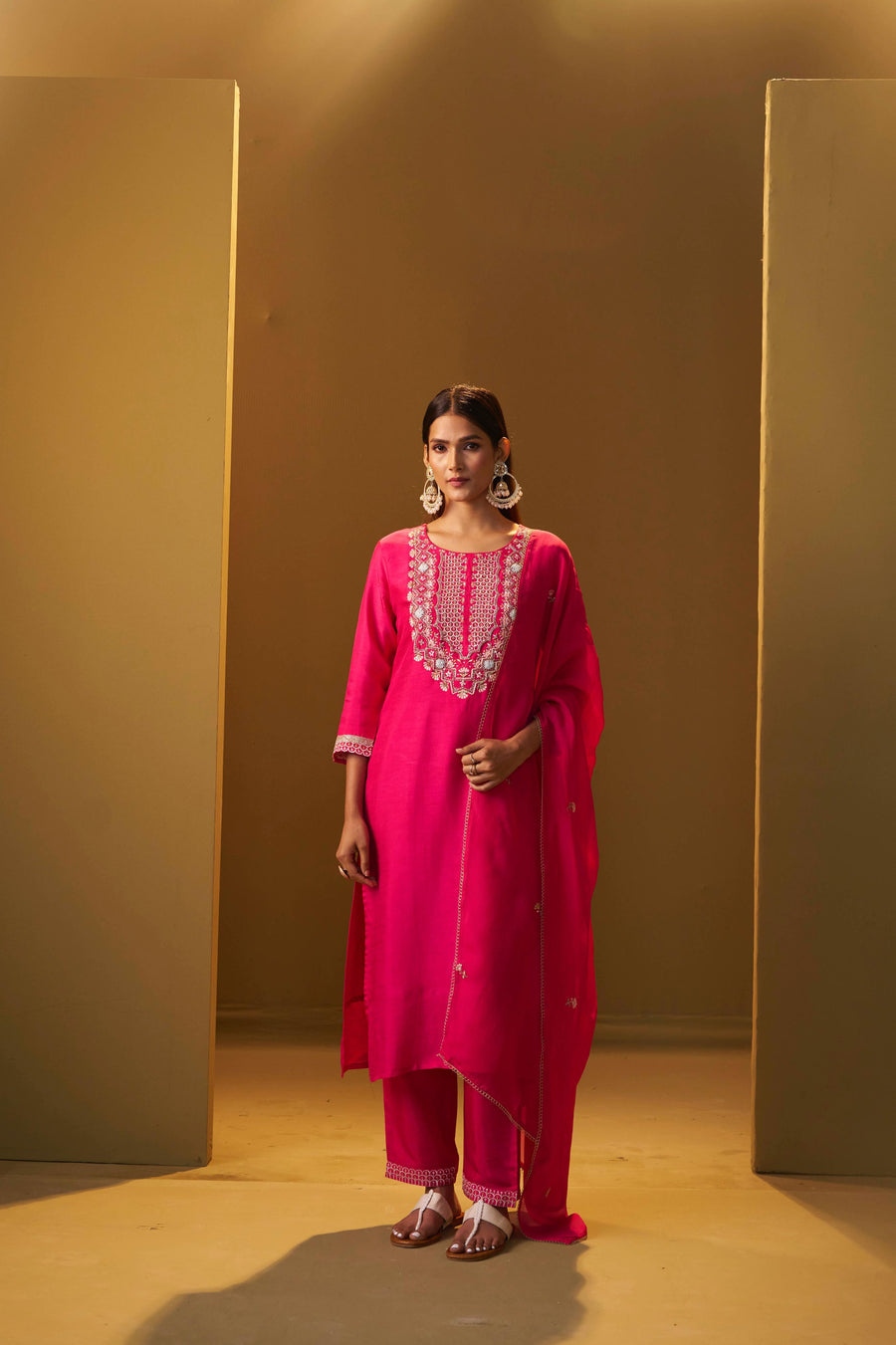 Pink Embroidered Silk Blend Kurta Set with Dupatta