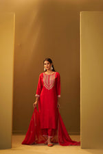 Red Embroidered Silk Blend Kurta set with Dupatta