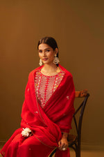 Red Embroidered Silk Blend Kurta set with Dupatta