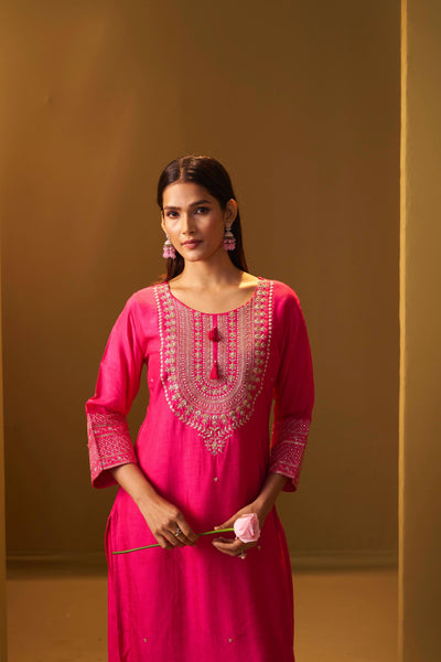 Pink Yoke Design Silk Blend Kurta Set With Dupatta