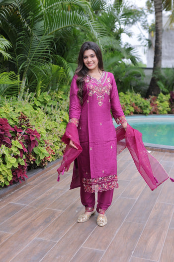 Jenab Purple Silk Blend Kurta Set with Dupatta