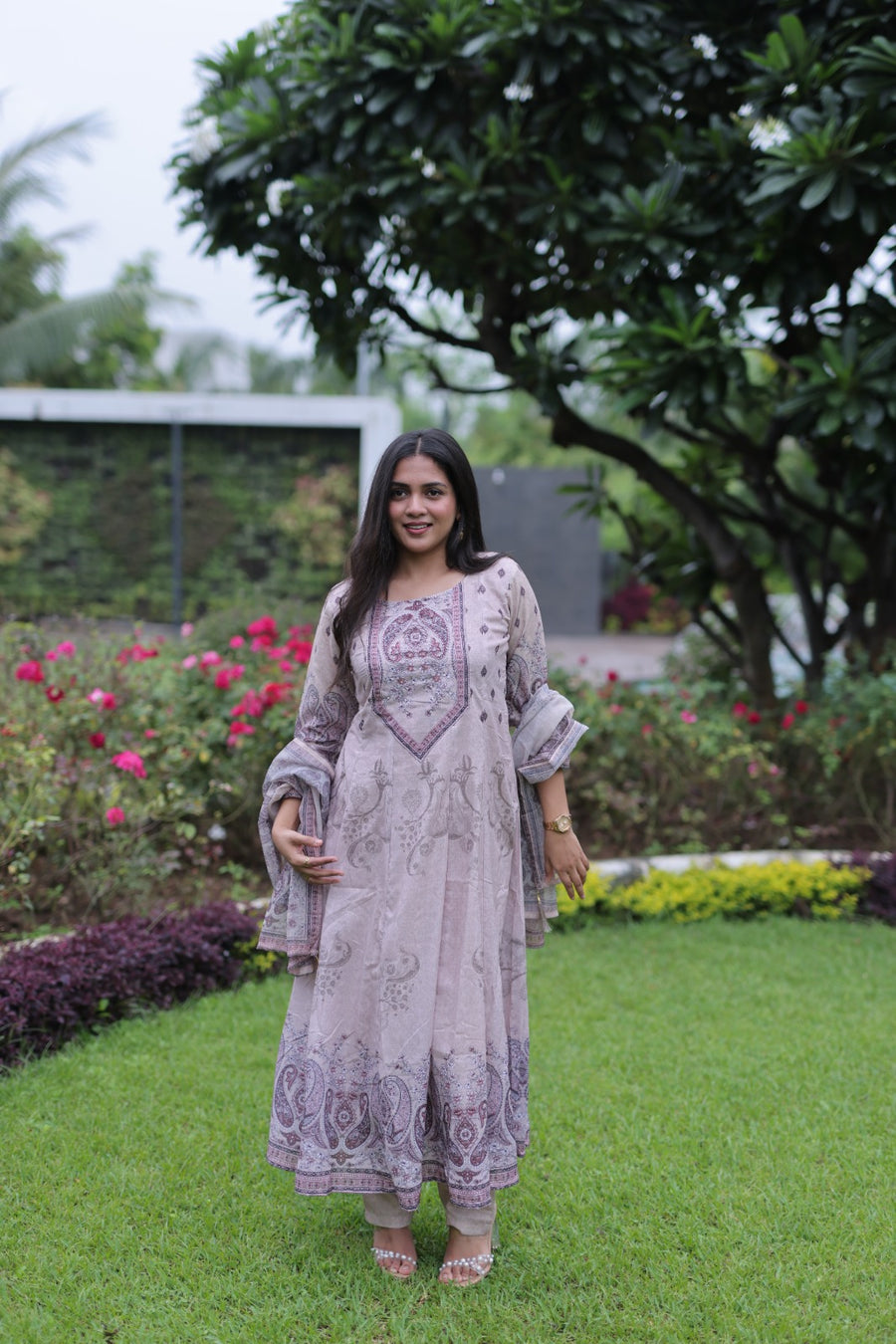 Beige Embroidered Anarkali Kurta Set With Dupatta