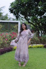 Beige Embroidered Anarkali Kurta Set With Dupatta