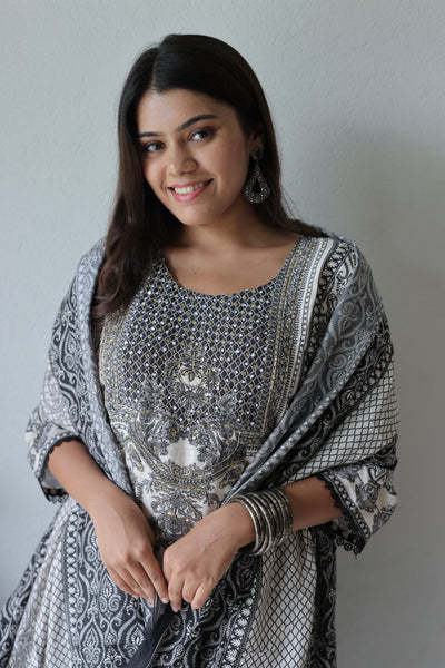 Black Stone Embroidered Silk Blend Kurta Set with Dupatta