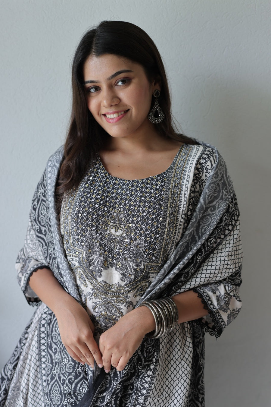 Black Stone Embroidered Silk Blend Kurta Set with Dupatta