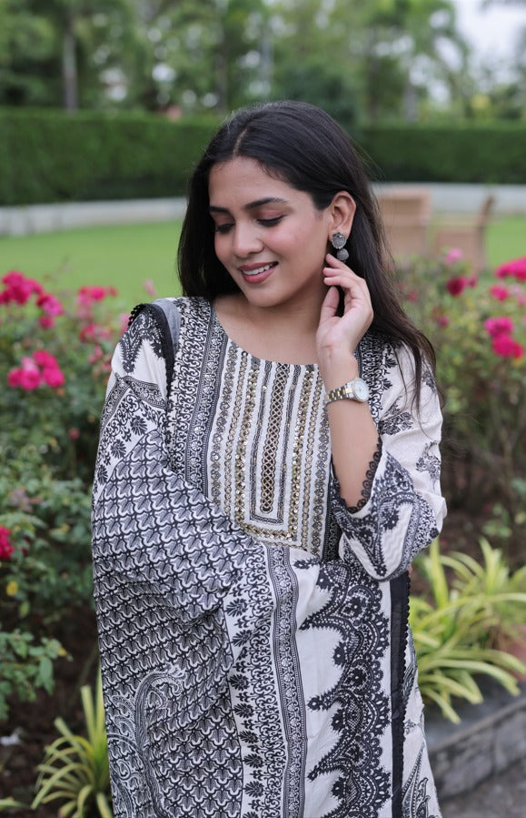 Black Hand Work Embroidered Silk Blend Kurta Set with Dupatta