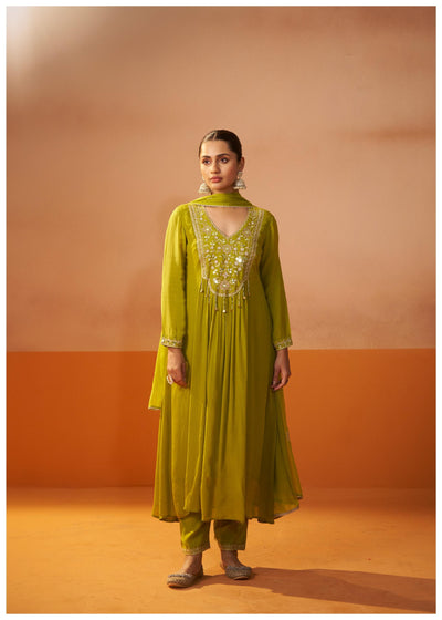 Izza Olive Green Embroidered Kurta Set with Dupatta