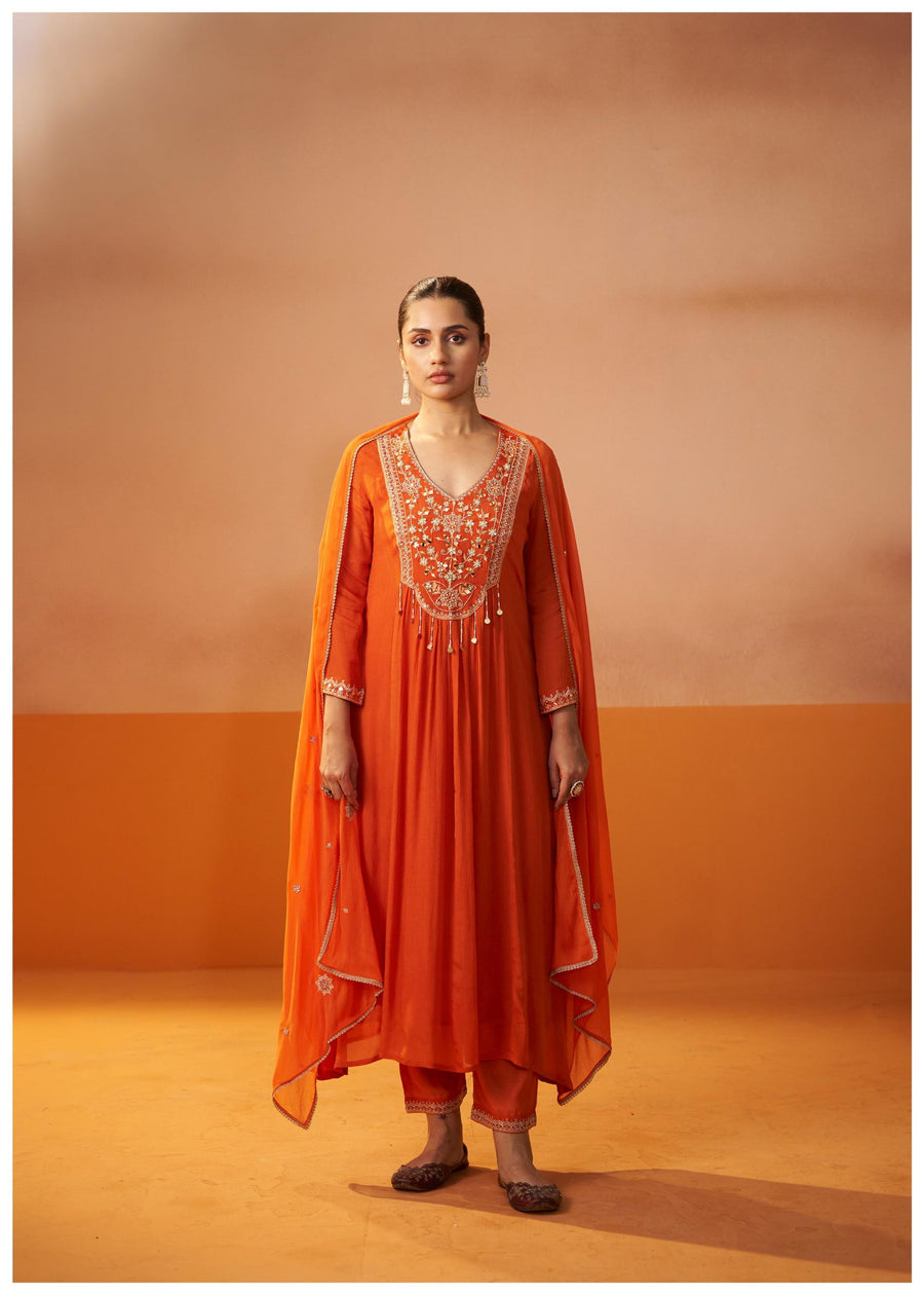 Izza Orange Embroidered Kurta Set with Dupatta