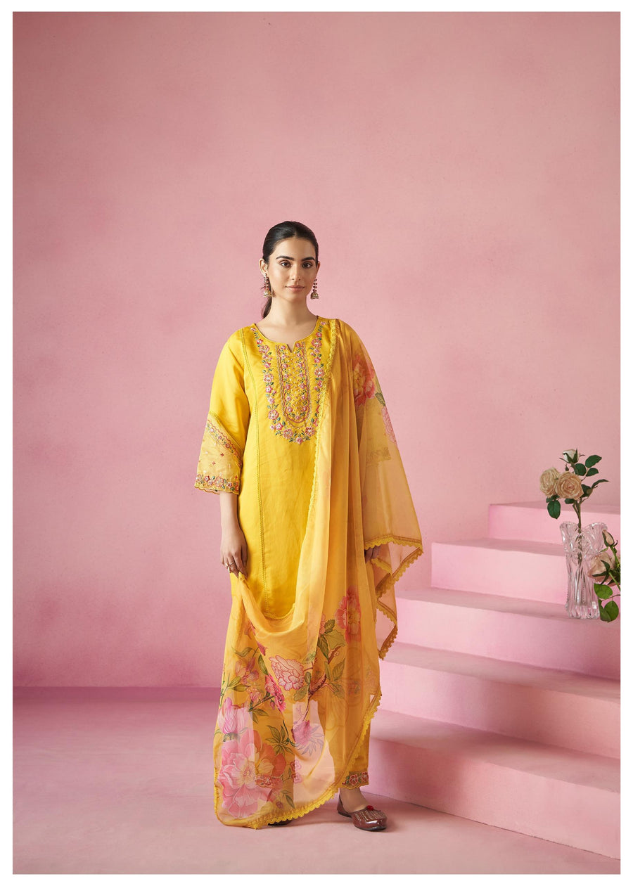 Yellow Flower Embroidered Silk Blend Kurta Set with Dupatta