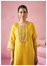 Yellow Flower Embroidered Silk Blend Kurta Set with Dupatta
