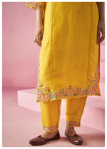 Yellow Flower Embroidered Silk Blend Kurta Set with Dupatta